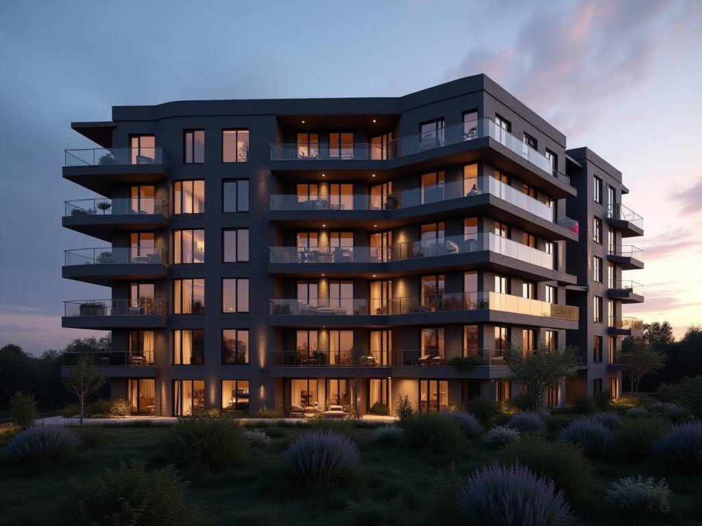 Modern apartment building exterior at sunset